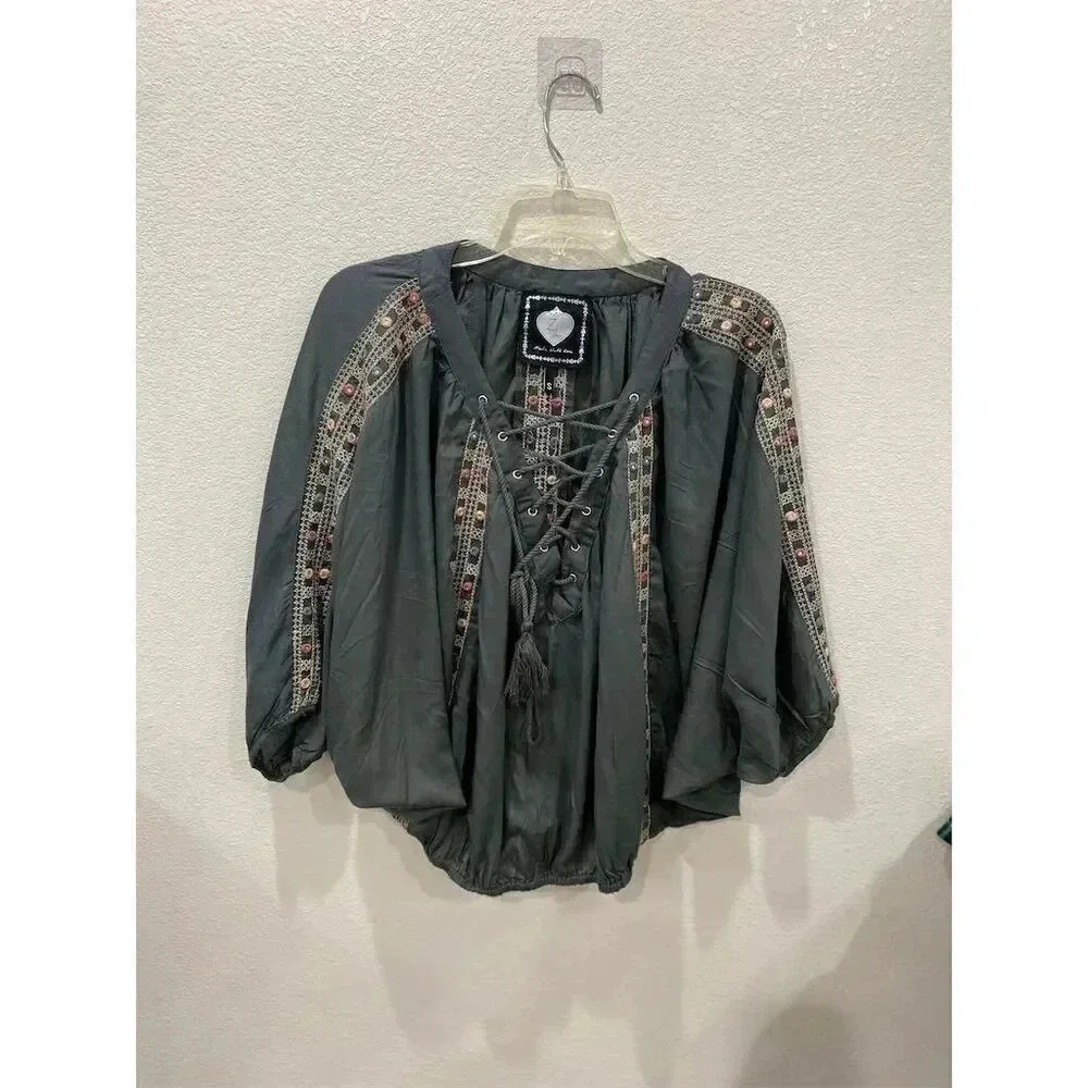 Anthropologie Women's Green Embroidered Peasant Blouse Tassel Tie Neck